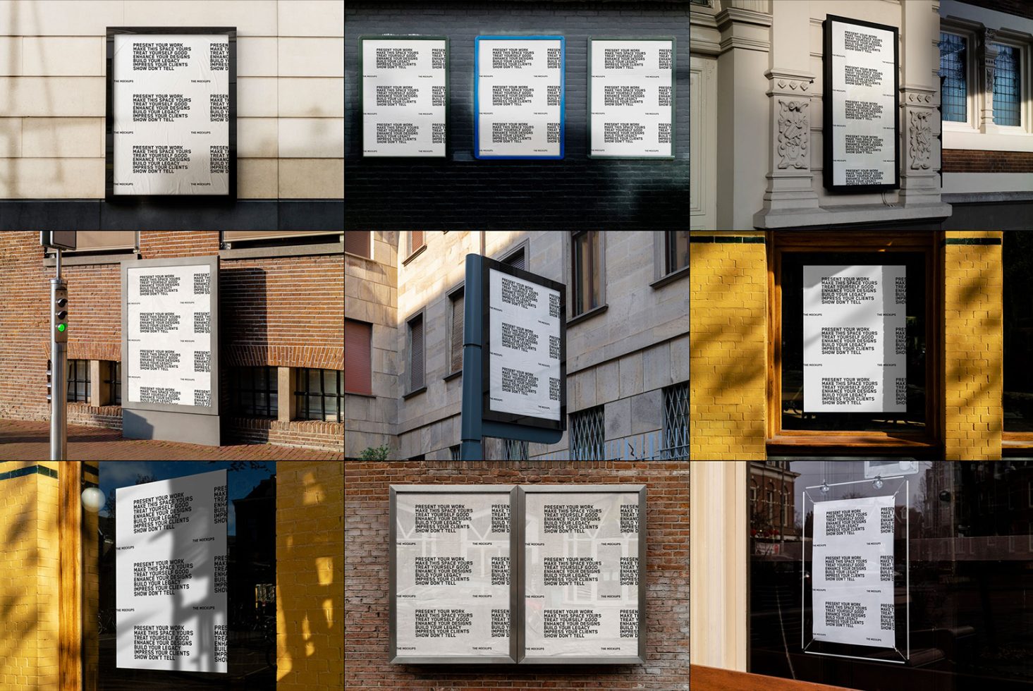 Collage of poster mockups in various urban settings, perfect for designers to showcase work in real-world scenarios, enhances portfolio presentation.